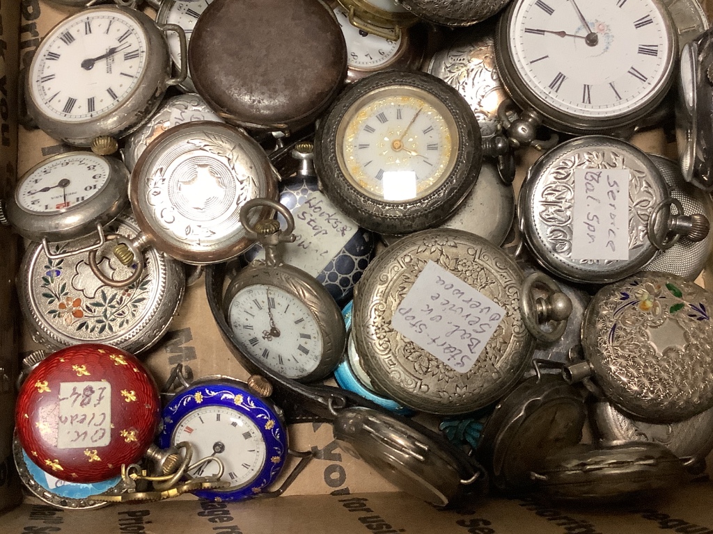 A collection of mainly early 20th century and later silver or white metal fob and wrist watches including some with enamel.